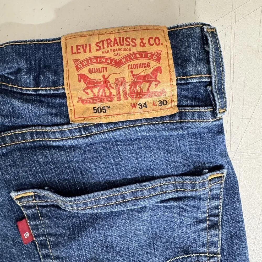 Levis 505 Jeans Men 32x29 Blue Denim Distressed Grunge Stretch American Workwear